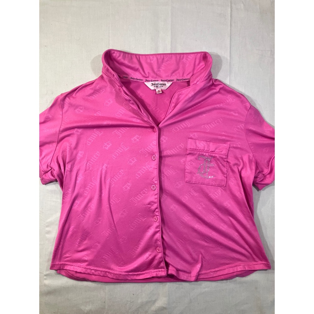 Juicy Couture Pink Monogram Rhinestone Pajama Top Short Sleeve Button‎ Down M